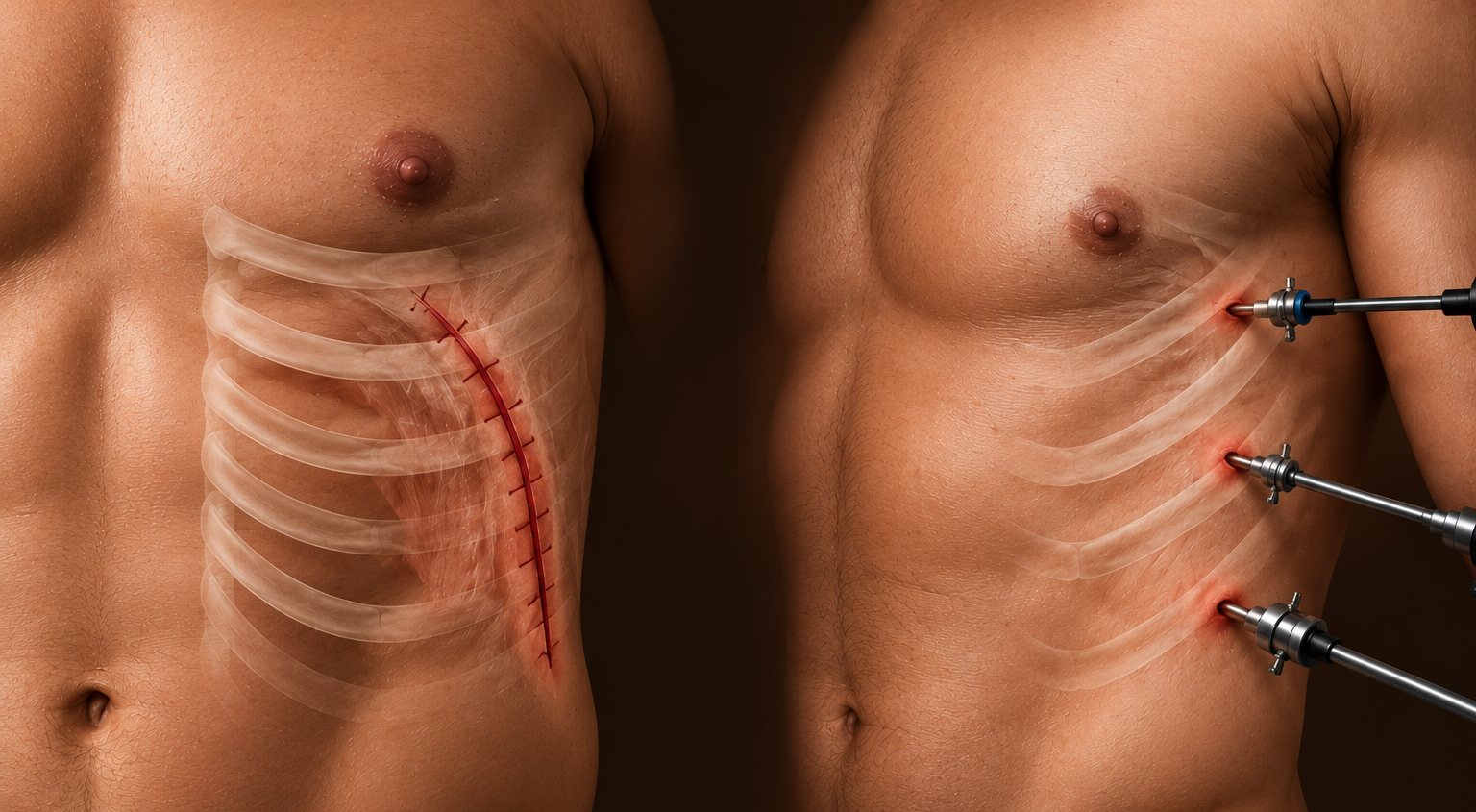 Comparação: à esquerda, incisão longa da cirurgia aberta no tórax; à direita, três pequenas incisões com instrumentos da cirurgia minimamente invasiva