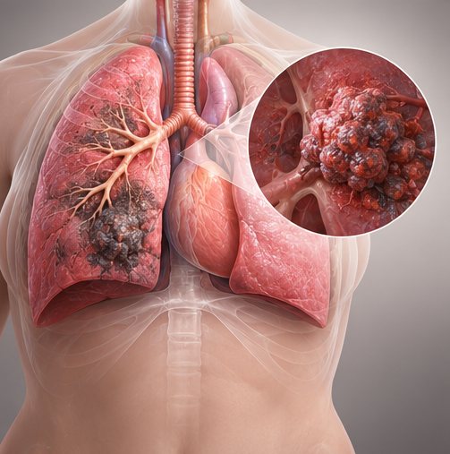 Ilustração de pulmão com tumor em destaque